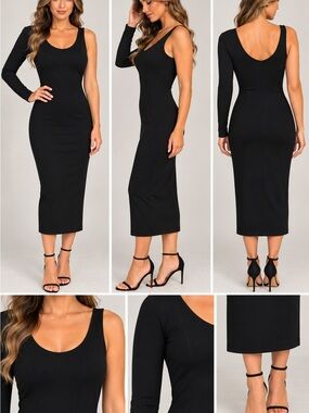 Alieva Black Asymmetrical One-Sleeve Midi Dress